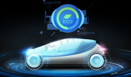 交通、环境和未来技术-未来概念车，黑色背景上有生态图标。带有生态标志的未来主义概念车
