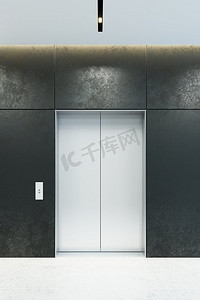 现代电梯与关闭的门在办公室大厅，3d渲染
