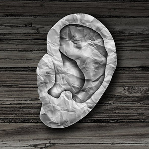 噪声聋摄影照片_作为听觉医学的一个听觉健康标志的人耳概念作为一个身体部分用在3D例证样式的弄皱的纸做
