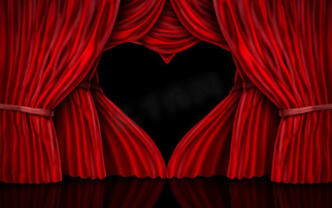 情人节红色天鹅绒窗帘作为浪漫阶段与窗帘形状为心脏作为3D插图。