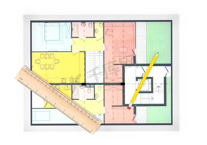 向上视图的房子计划与铅笔和一个尺子在白色背景 