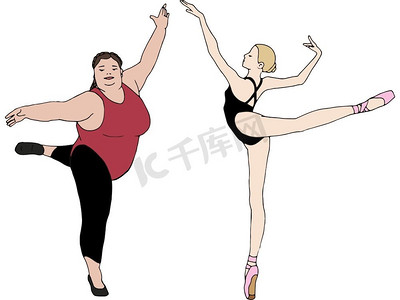 一个大号女人和一个苗条女人跳舞的插图。女性多样性