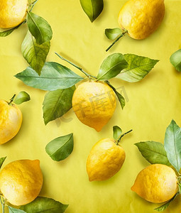 挂叶柠檬摄影照片_成熟的柠檬在枝与绿色叶子在黄色背景。创意.夏季模式时尚水果。