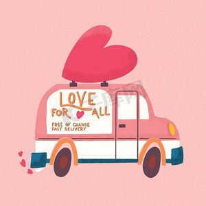 爱卡车车辆与一个心和爱的信息。彩色手绘插图与手写情人节快乐。’贺卡。