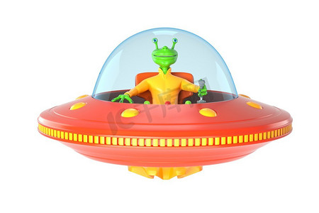 UFO与绿色外星人的插图。3D插图。UFO与绿色外星人的图解