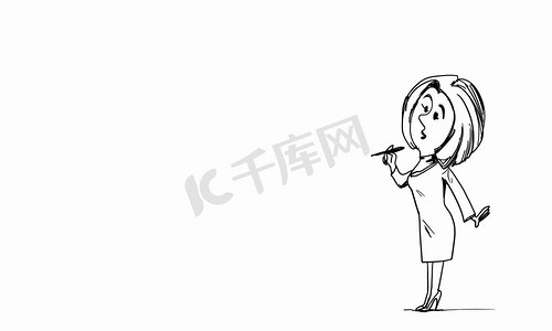 铅笔卡通摄影照片_卡通有趣的女人讽刺画的妇女与笔在手中的白色背景