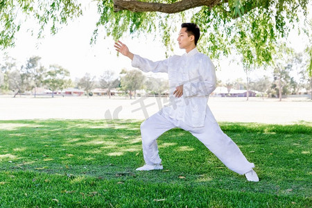 练太极拳的帅哥。夏天在公园练太极拳的帅哥