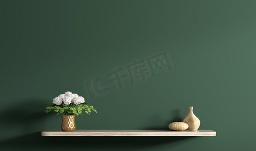 有花束的米色木架子在铜花瓶在深绿色墙壁，家装饰，内部背景3d翻译