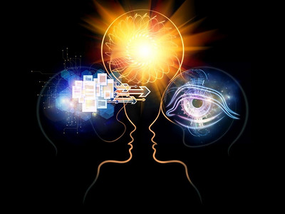 两个头部形成辐射灯泡和抽象元素，以说明协同创意产生的概念