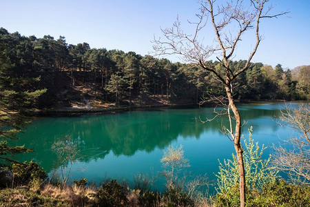 古老的粘土矿坑采石场湖的美丽风景形象，有着不同寻常的颜色的绿水