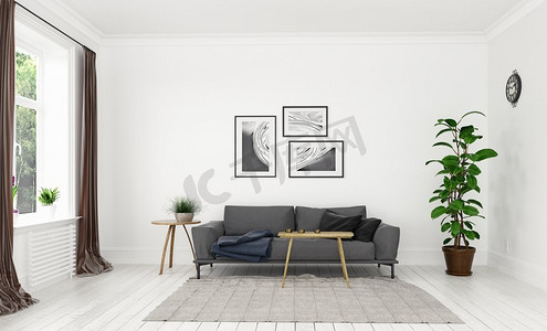 现代客厅斯堪的纳维亚室内设计3D渲染概念