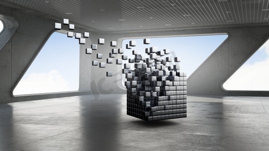 悬浮的立方体摄影照片_内饰优雅的立方体造型。日光和数字悬浮立方体的办公室窗户