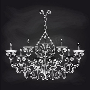 黑板上的古董哥特式枝形吊灯素描.