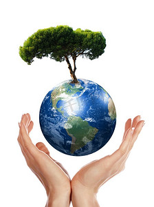 星球亮光摄影照片_手，我们的星球地球和树-环境保护的象征