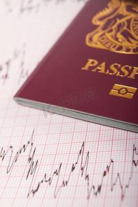 在疫情摄影照片_英国护照在ECG打印输出，以说明在海外感染疾病的风险