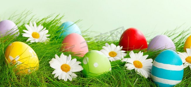立夏彩蛋摄影照片_绿色草地上彩蛋和鲜花的复活节构图