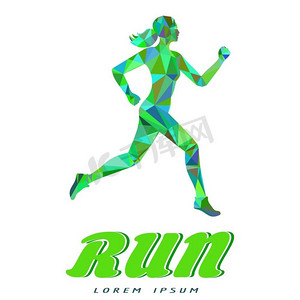 运动型女运动员绿色标志。运动女性标志向量插图。彩色标志，白色上孤立着奔跑的女人