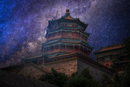 星空的夜景。北京郊区的颐和园。。星空的夜景。