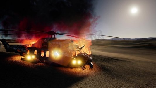 军事领域摄影照片_日落时分，一架军用直升机在沙漠中烧毁