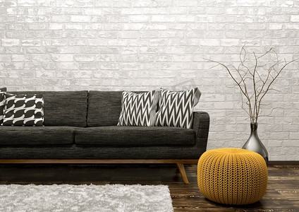 客厅内饰现代，配有黑色沙发、地毯和白色砖墙上的针织抱枕，3D渲染