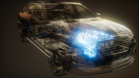 汽车引擎摄影照片_汽车引擎在透明汽车中可见。汽车发动机在车内可见