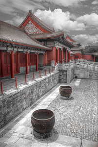故宫，北京，中国。黑红白相片