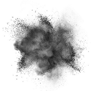 发散爆炸摄影照片_白底黑火药爆炸孤立