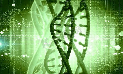 绿色科技医疗摄影照片_DNA分子。生物化学背景概念与高科技dna分子
