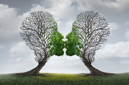 爱情疗法和关系恢复咨询概念是两棵形状为人头的空树被吸引在一起