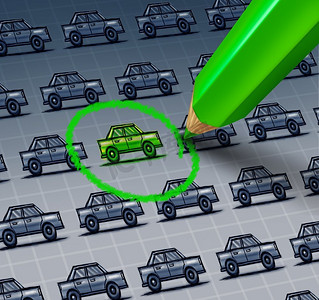 绿色汽车选择概念是用绿色铅笔画出一组汽车的图画，在一辆对生态负责的车辆周围画一个圆圈。
