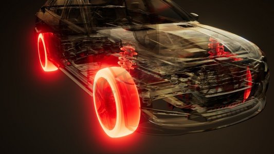 快速车摄影照片_汽车车轮发光可见在透明的汽车。汽车车轮在汽车中发光