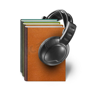 教育读物摄影照片_带书籍的耳机-白色背景下隔离的有声读物概念
