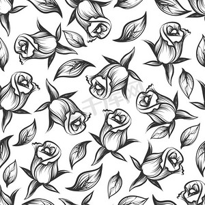 素描玫瑰和树叶无缝模式。素描玫瑰和树叶无缝模式。矢量单色花卉纹理设计