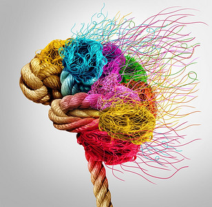 头脑风暴和头脑风暴概念或心理学符号作为一个创造性的人类头脑由绳和线在3D插图风格。