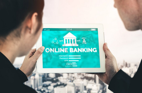 银行支付界面摄影照片_网上银行为数字货币技术的概念。图形界面显示互联网网站和数字支付服务上的转账。