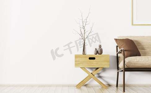 米色沙发摄影照片_客厅内部配有米色沙发和侧桌3D渲染