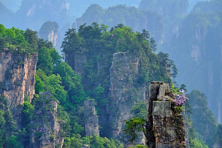 著名的旅游景点中国-张家界石柱悬崖山上的夕阳，湖南武陵源，中国。张家界山区中国