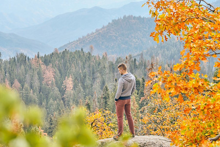 游客男子秋天在红杉国家公园徒步，眺望秋山风景。美国加利福尼亚州。