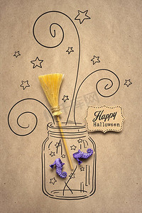 创造性的万圣节概念照片，女巫的鞋子和扫帚在棕色背景下用纸制成的瓶子里。