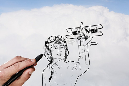 双平面草图。以旧飞机为天空背景的飞行员手绘