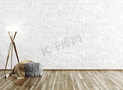 砖摄影照片_灰色搁脚凳，覆盖着棕色格子和落地灯，覆盖在砖墙上，房间内部背景3D渲染