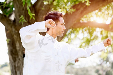 练太极拳的帅哥。夏天在公园练太极拳的帅哥