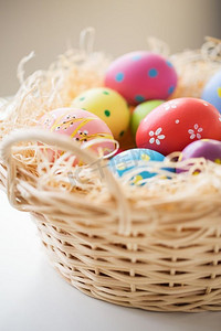 春天传统摄影照片_复活节、节日、传统和物件概念-篮子里的彩蛋特写。篮子里彩色复活节彩蛋的特写