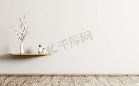 棕色3d摄影照片_墙壁装饰，客厅有木质架子和花瓶中的树枝，室内背景3D渲染