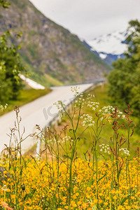 风景大道摄影照片_穿过诺勒山的公路。美丽的风景。旅行和旅游..公路景观在诺勒山