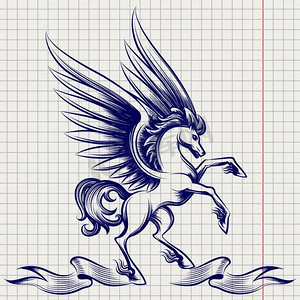 希腊神话摄影照片_飞马的圆珠笔素描。圆珠笔素描飞马与翅膀和色带在笔记本页面。矢量插图