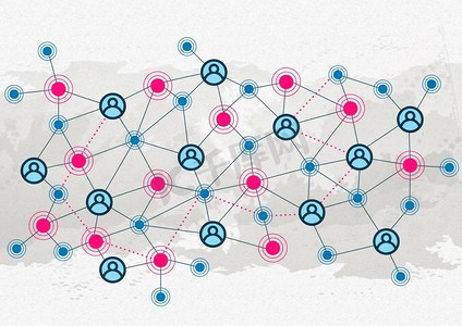 社会互动和交流。背景概念图像，网格表示社交网络概念