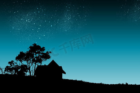 房子和树摄影照片_晚上。农村房子和树的剪影在晚上