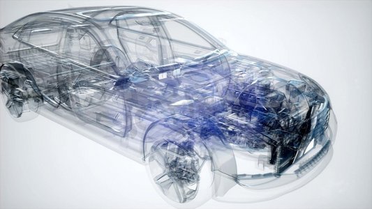 车背景黑色摄影照片_3D线框汽车模型的全息动画与引擎和水獭技术部件。3D线框汽车模型的全息动画