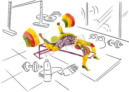 在健身房举起杠铃的健康肌肉健美运动员的形状的水果和蔬菜。